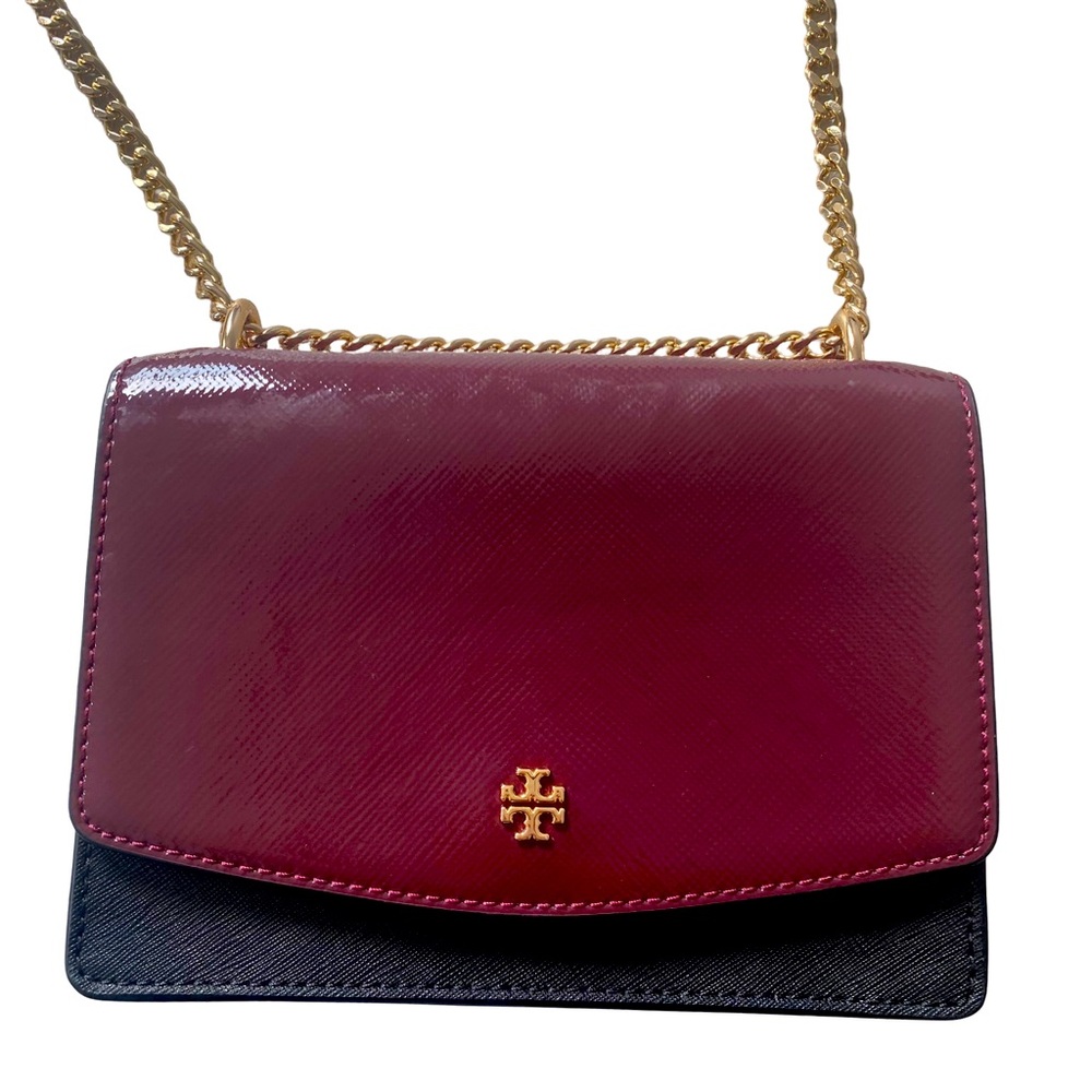 Tory Burch crossbody/shoulder maroon and black bag with gold chain
